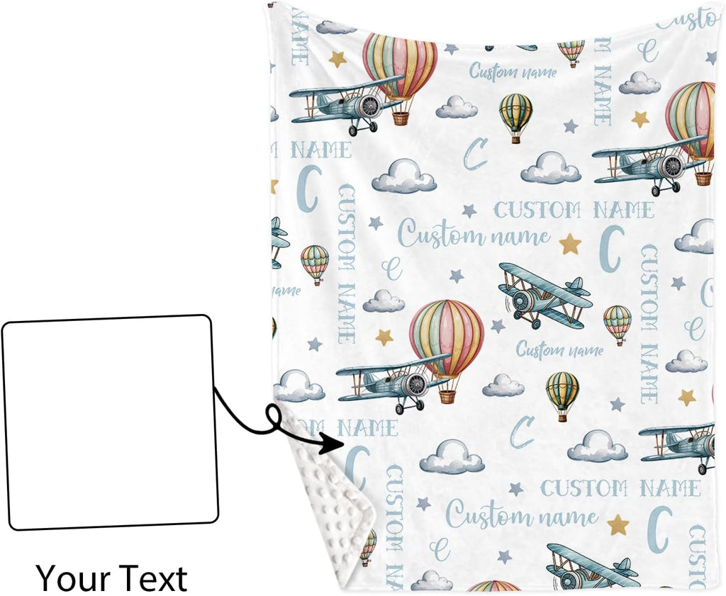 Personalized Crib Bedding Set for Baby Boys, Custom Name Baby Crib Sets 5-Pcs Include Toddler Double Layer Blanket Fitted Sheet Changing Pad Cover Rug Wall Art Set, Airplane Cloud Design Nursery Décor