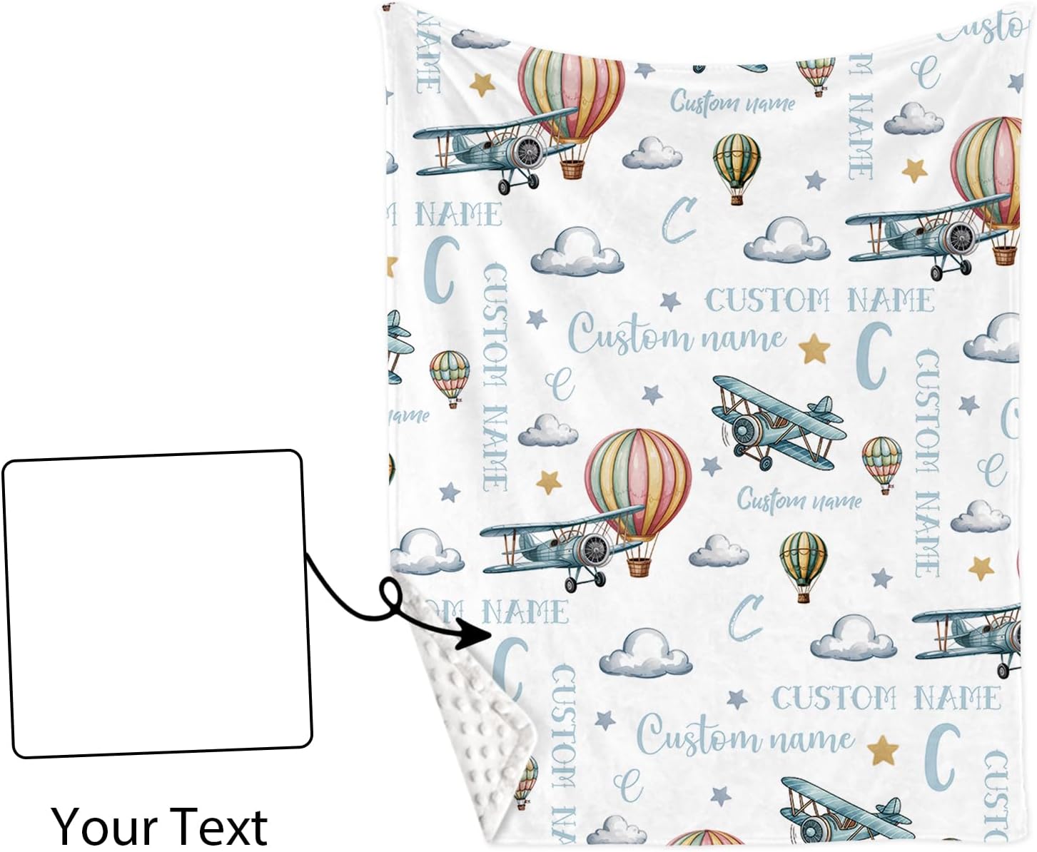 Personalized Crib Bedding Set for Baby Boys, Custom Name Baby Crib Sets 5-Pcs Include Toddler Double Layer Blanket Fitted Sheet Changing Pad Cover Rug Wall Art Set, Airplane Cloud Design Nursery Décor