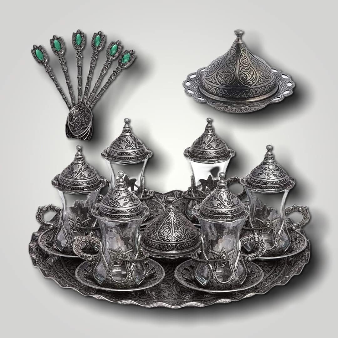 Alisveristime Handmade Turkish Tea Water Zamzam Serving Set Glasses Saucer, Tray and Spoon (Authentic Black)