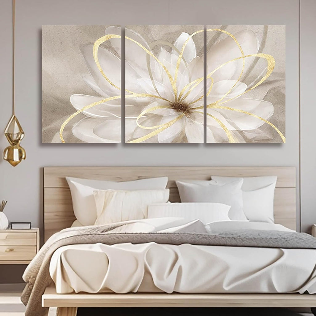 Kureful Gold Wall Art Pictures for Bedroom Flowers Wall Decor Floral Posters Art 3 Piece Wall Decorations Minimalist Decor for Walls 20'x 26'x 3