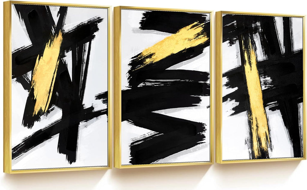 Sofoney - Gold Framed Black and Gold Abstract Wall Art 3D Textured Black and White Canvas Wall Decor with Gold Foil for Living Room Bedroom Office, Large 3 Piece Modern Home Decor, 20'x30'x3 Panels