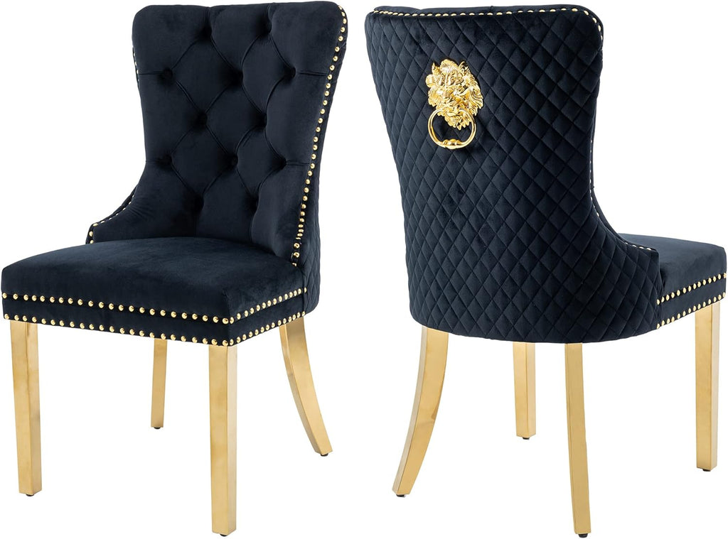 civama Dining Chairs Set of 2, Elegant Luxury Velvet Tufted Dining Chairs Golden Legs & Nailhead Trim, Back Lion Head Pull Ring & Rhomboid Pattern, Nikki Collection Armless Kitchen Chair, Black