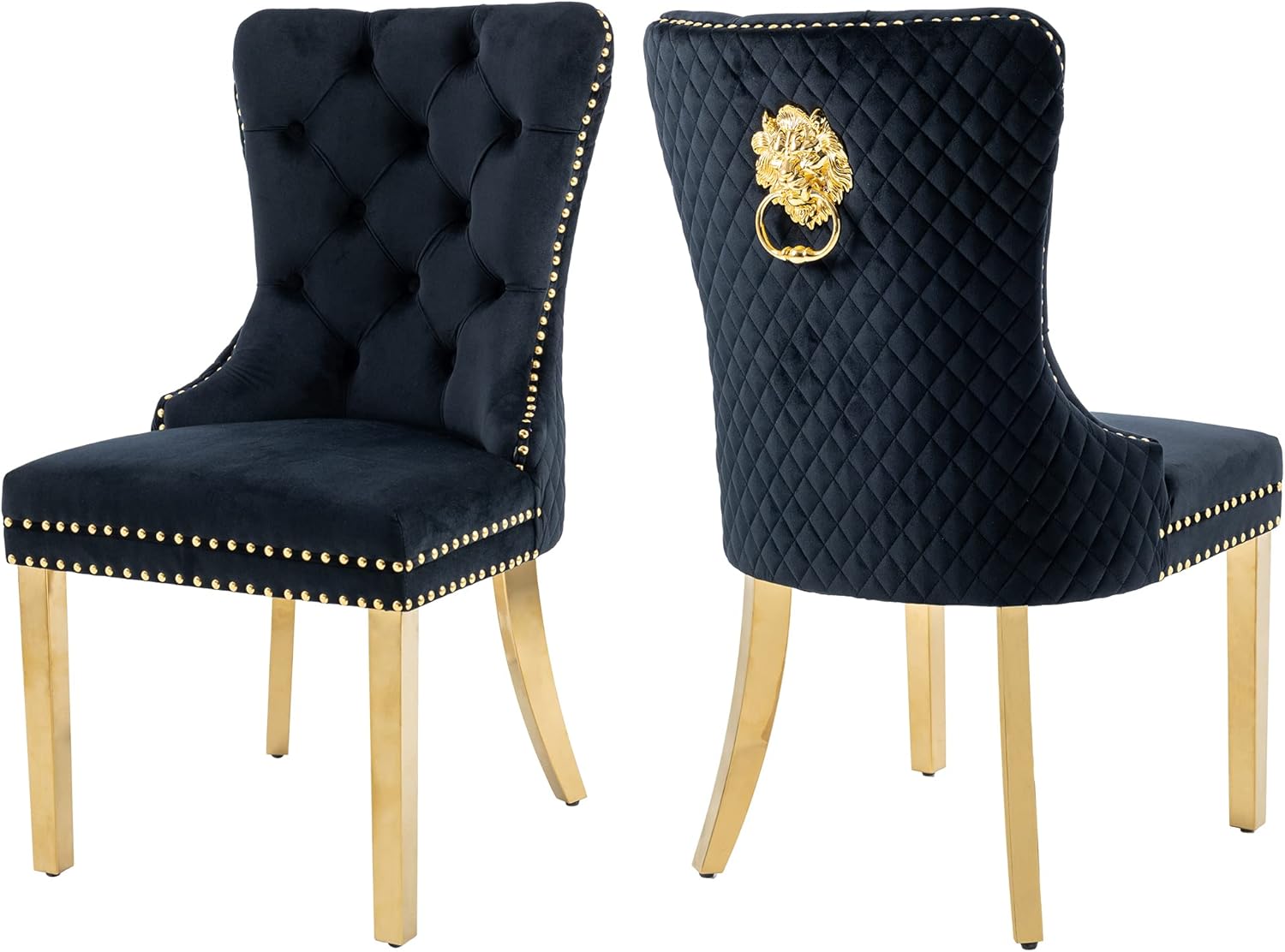 civama Dining Chairs Set of 2, Elegant Luxury Velvet Tufted Dining Chairs Golden Legs & Nailhead Trim, Back Lion Head Pull Ring & Rhomboid Pattern, Nikki Collection Armless Kitchen Chair, Black