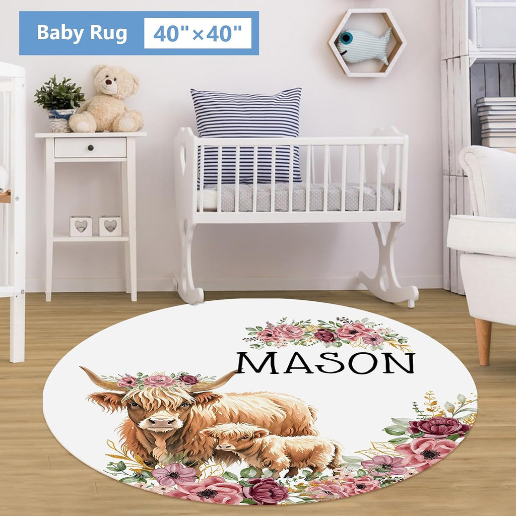 KAINSY Personalized Baby Bedding Set, 5 Pcs Custom Baby Crib Set with Name, Soft Flannel Highland Cow Crib Bedding Set for Girls, Double Layer Nursery Bedding Set, New Parents Toddlers Infants Gift