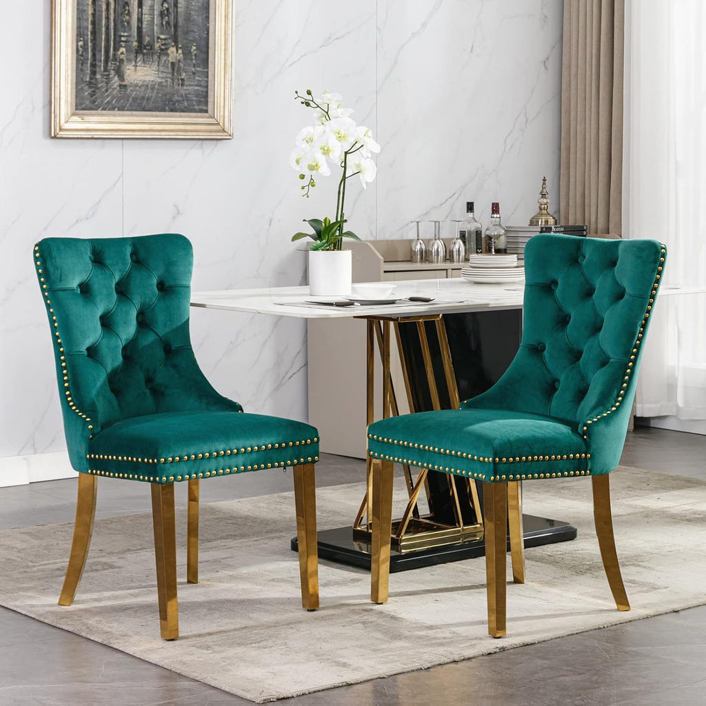 2 Piece Contemporary Velvet Upholstered Dining Chair with Chrome Stainless Steel Plating Legs, Nail Head Decro, Armless Tufted Dining Chair Fabric Dining Room Chair (Green&Gold, Set of 2)