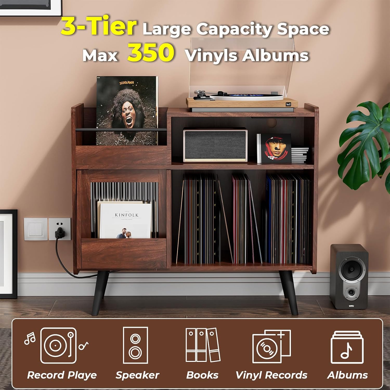 MULEJYBO Large Record Player Stand with Sliding Door,350 Vinyl Record Storage Cabinet, Record Player Table with Power Outlet and LED Light,Turntable Stand with Wood Legs for Living Room,Office