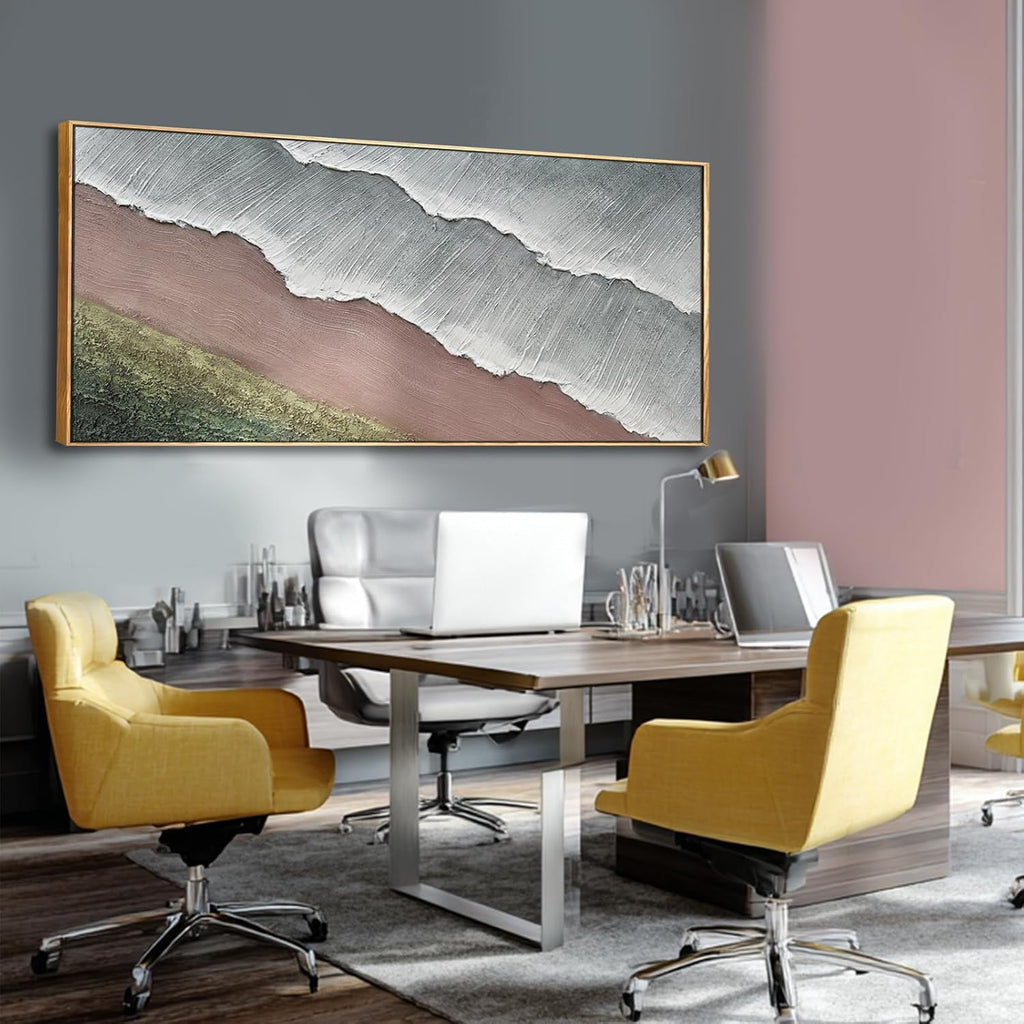 SHEYOYE Grey Blue and Taupe Abstract Mountain Canvas Wall Art with Olive Green Hills, 32x71 Large Textured Landscape Decor in Wooden Frame for Living Room Bedroom Entryway