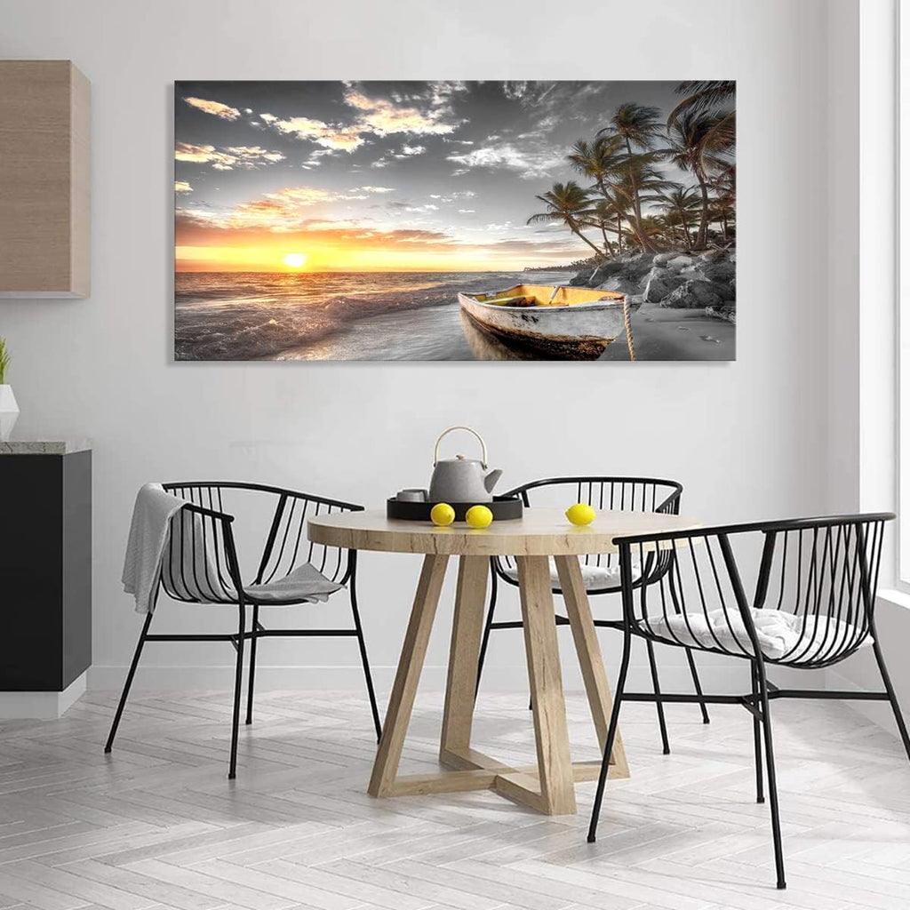 Beach Wall Art Canvas Prints Art Black and White Sunset Seascape Pictures Bedroom Decor Boat Tree Ocean Landscape Painting for Living Room Office Decoration Natural Scenery Artwork 28 x 57inches