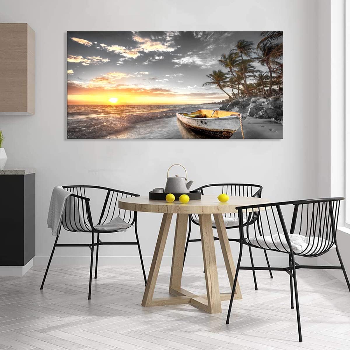 Beach Wall Art Canvas Prints Art Black and White Sunset Seascape Pictures Bedroom Decor Boat Tree Ocean Landscape Painting for Living Room Office Decoration Natural Scenery Artwork 28 x 57inches