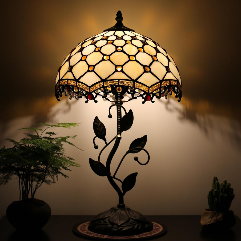 Tiffany Lamp Stained Glass Style Table Lamp Beads Style Bedside Desk Reading Light W12H19 Inch Metal Leaf Base with Metal Leaf Base