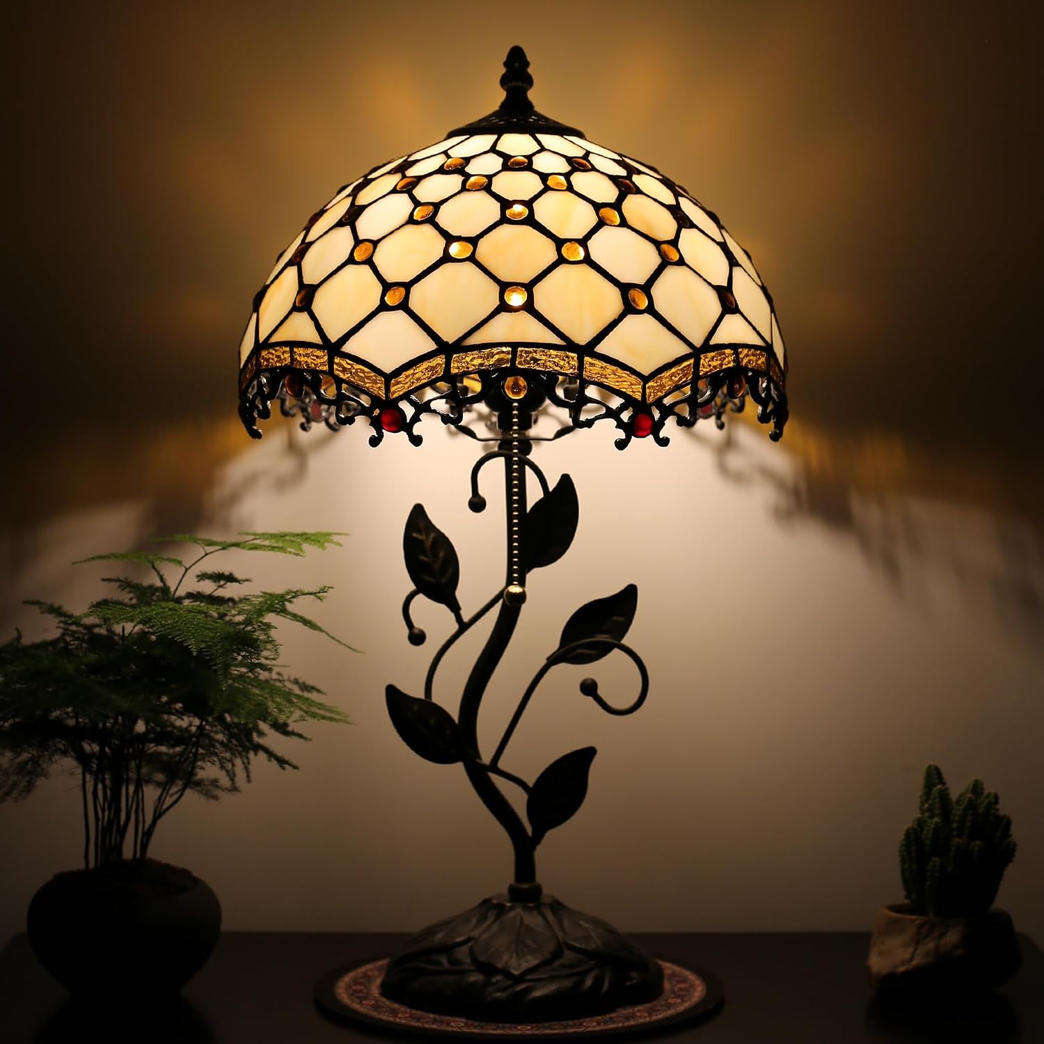 Tiffany Lamp Stained Glass Style Table Lamp Beads Style Bedside Desk Reading Light W12H19 Inch Metal Leaf Base with Metal Leaf Base