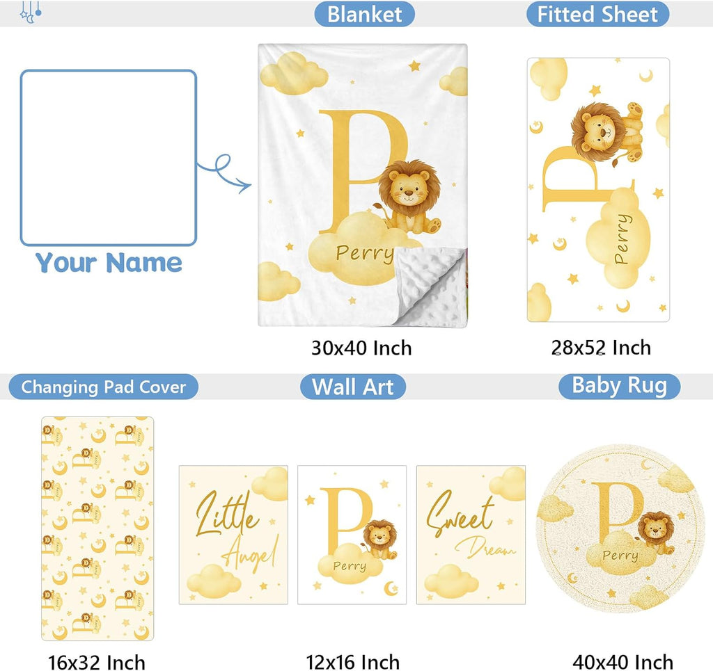 KAINSY Custom Crib Bedding Set, 5 Pcs Personalized Name Monogram Baby Crib Sets for Infants Toddlers, Yellow Lion Nursery Bedding Set for Boys Girls, Double Layer Baby Bedding Sets Customized Gifts