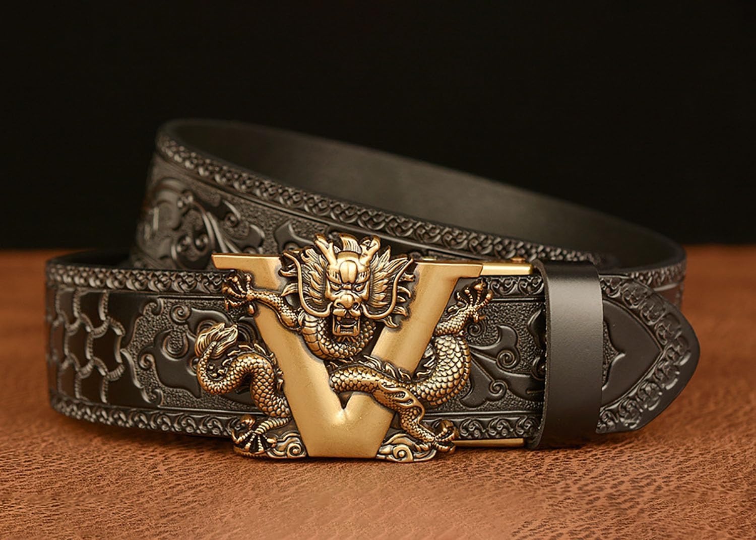 Mens Ratchet Leather Belt, Genuine Leather belts, Engraved Vintage Dragon Eagle Tiger Buckle, Business leisure belt