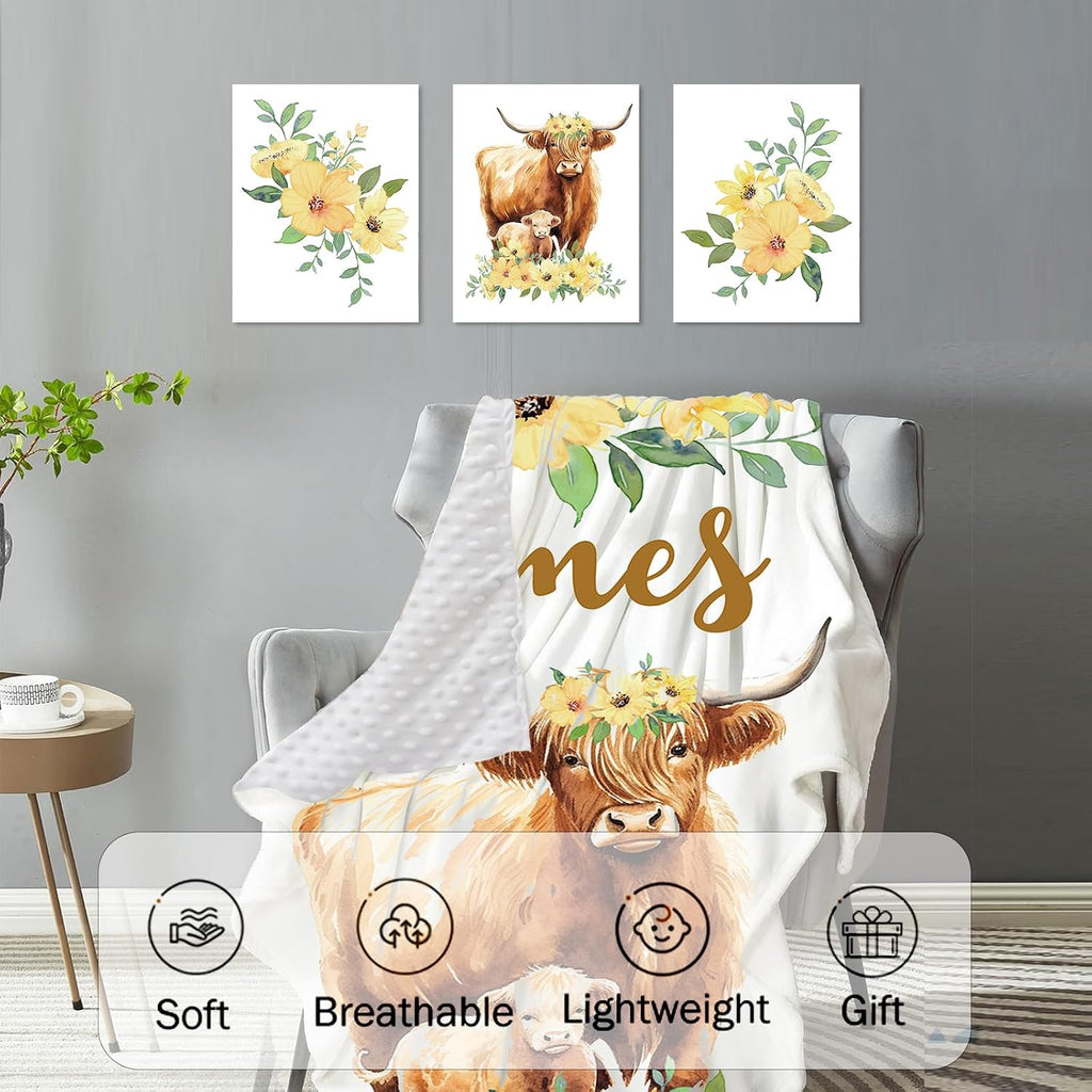 Personalized Baby Crib Bedding Set, 5-Piece Highland Cow Design Baby Crib Sets with Custom Name, Toddler Double Layer Blanket Fitted Sheets Changing Pad Cover Rug Wall Art Set, Charming Nursery Decor