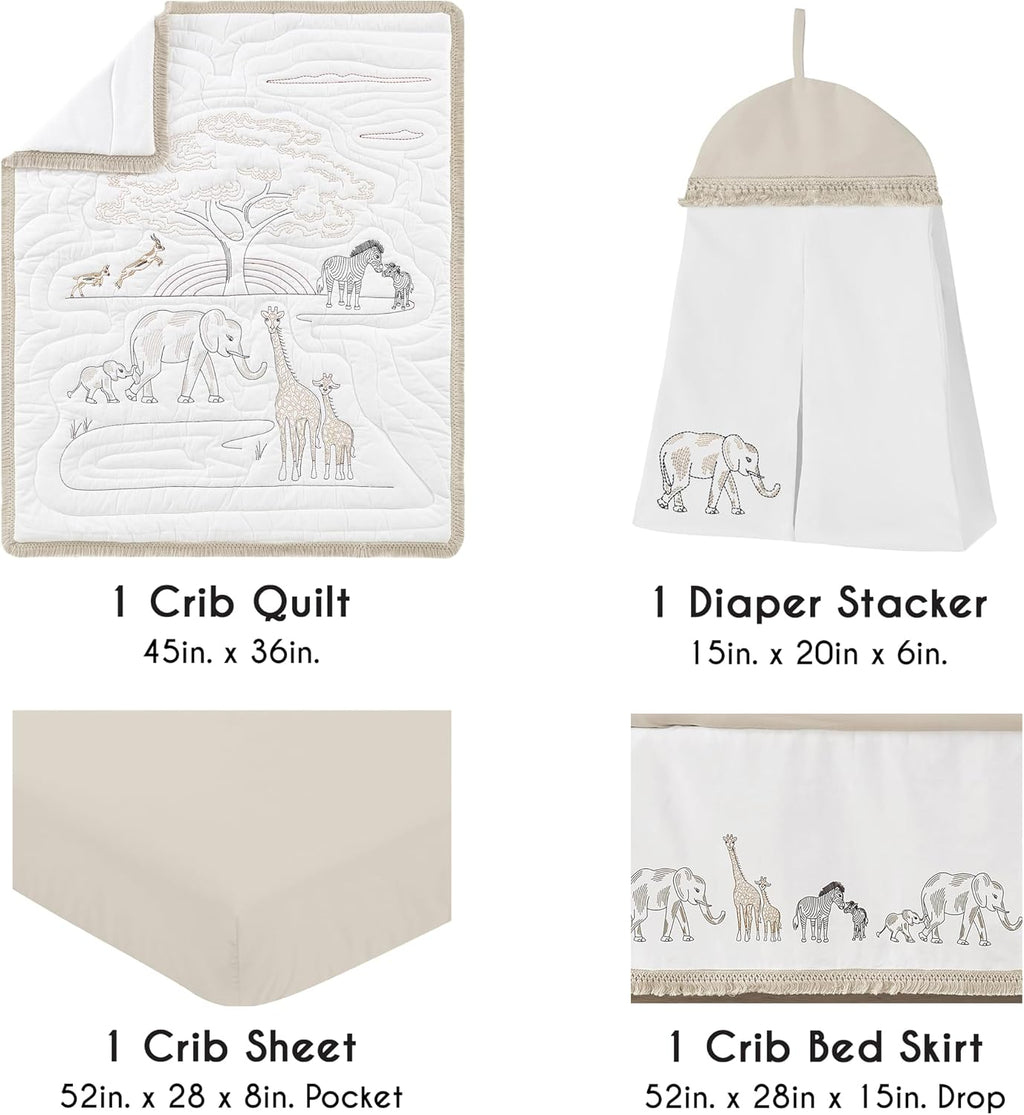 Sweet Jojo Designs 4-Piece Baby Crib Bedding Set (100% Cotton Jungle Animals) for Boys or Girls, Infants/Nursery incl. Blanket, Fitted Sheet, Skirt, Diaper Stacker (Neutral, Wildlife Safari, Elephant)