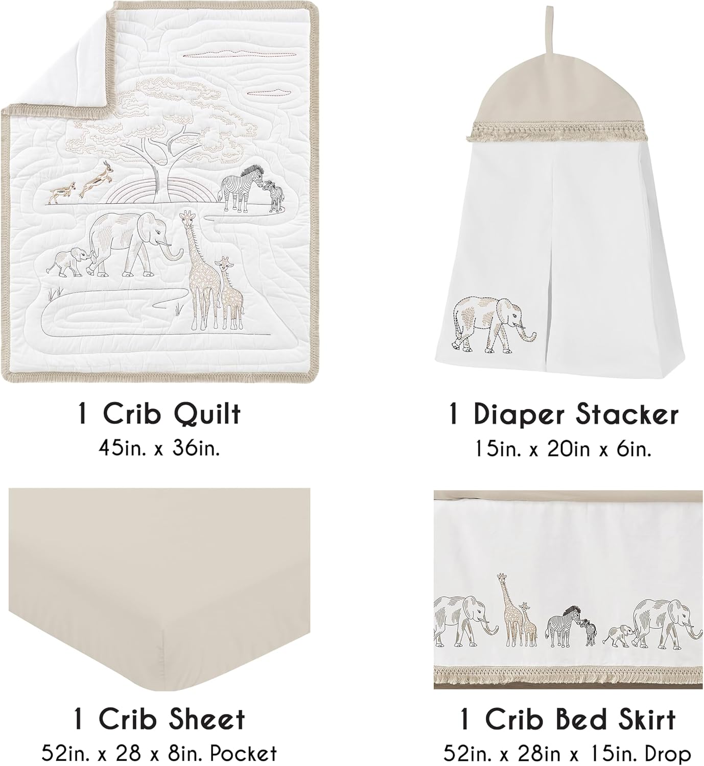 Sweet Jojo Designs 4-Piece Baby Crib Bedding Set (100% Cotton Jungle Animals) for Boys or Girls, Infants/Nursery incl. Blanket, Fitted Sheet, Skirt, Diaper Stacker (Neutral, Wildlife Safari, Elephant)