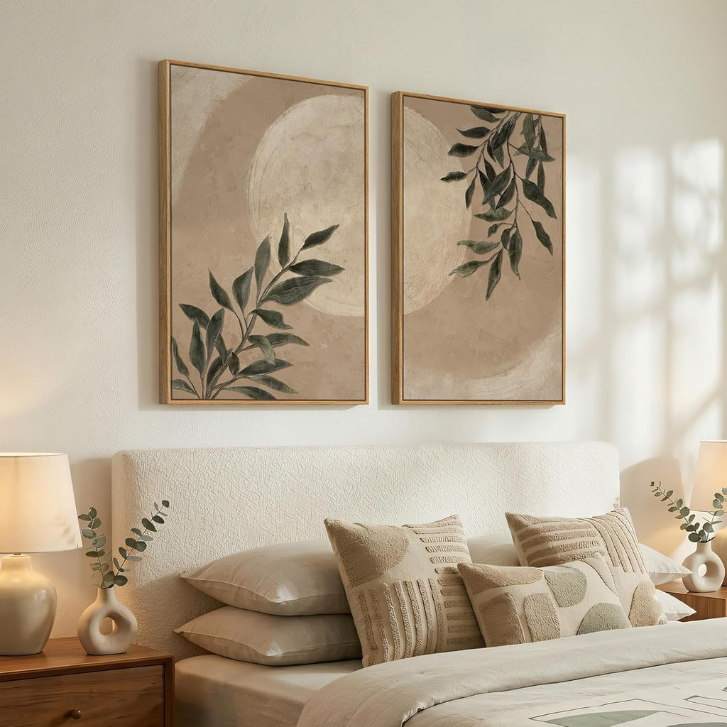 Large Framed Botanical Moon Wall Art for Living Room, Vintage Neutral Nature Canvas Painting Prints Set of 2, Rustic Farmhouse Minimalist Leaf Wall Decor for Bedroom Dining room Hallway, 24x36 Inch