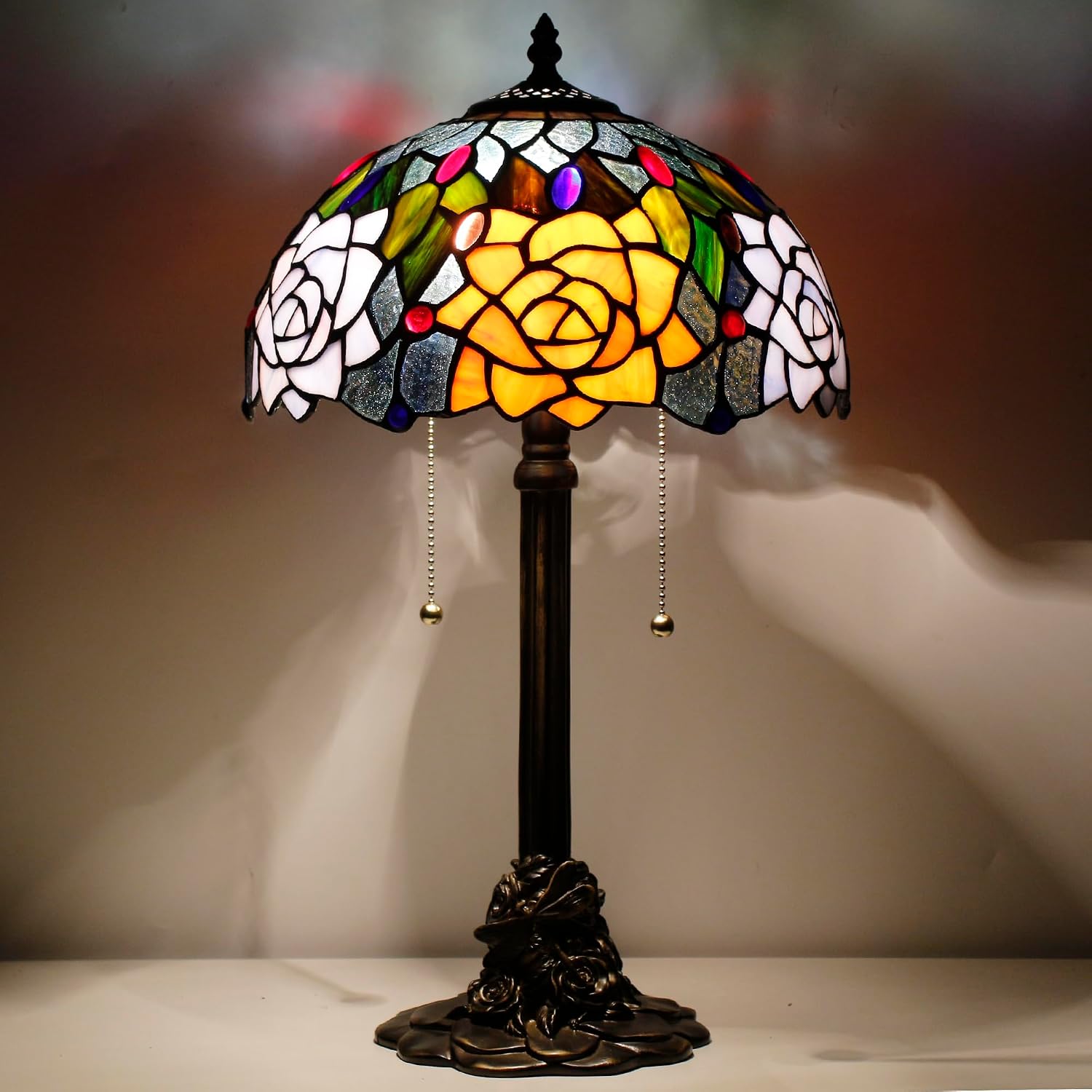 Tiffany Table Lamp Stained Glass Desk Lamp 12X12X21Inch Resin Base for Bedroom Living Room Reading Light (Purple Orange Rose Flower)