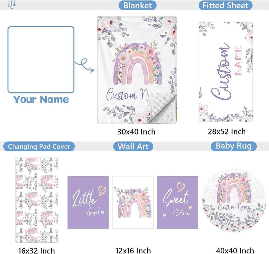 KAINSY Personalized Baby Bedding Set, 5 Pcs Custom Baby Crib Set with Name, Soft Flannel Rainbow Crib Bedding Set for Girls, Double Layer Nursery Bedding Set, Infant Toddler Bedding Set Parents Gift