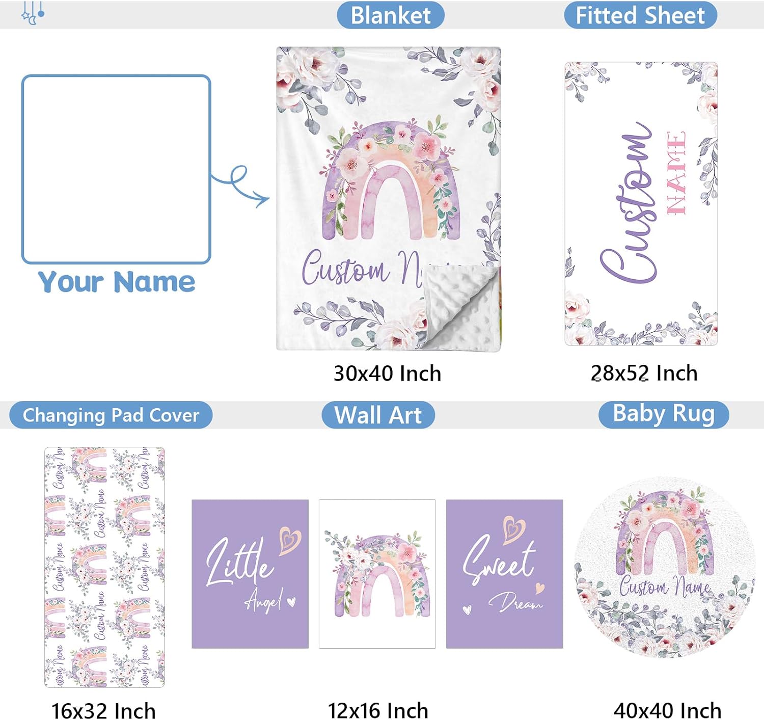 KAINSY Personalized Baby Bedding Set, 5 Pcs Custom Baby Crib Set with Name, Soft Flannel Rainbow Crib Bedding Set for Girls, Double Layer Nursery Bedding Set, Infant Toddler Bedding Set Parents Gift