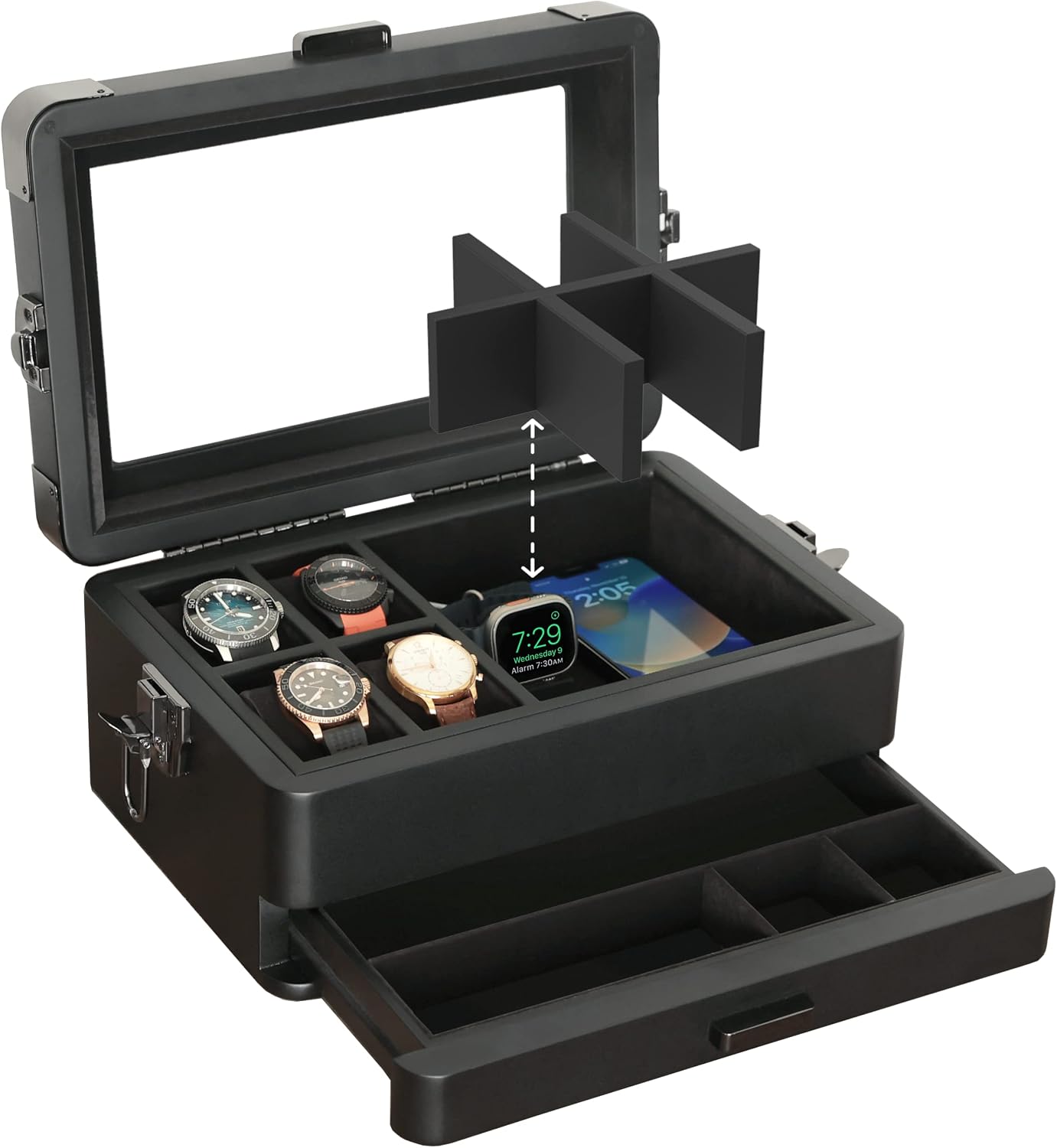 CASE ELEGANCE Black Edition Military 10 Slot Watch Box Case Organizer for Men, Real Glass Top, Modular Valet Tray, Apple Watch Compatible with Apple Watch Stand, Accessory Drawer, Watch Pillow Stands