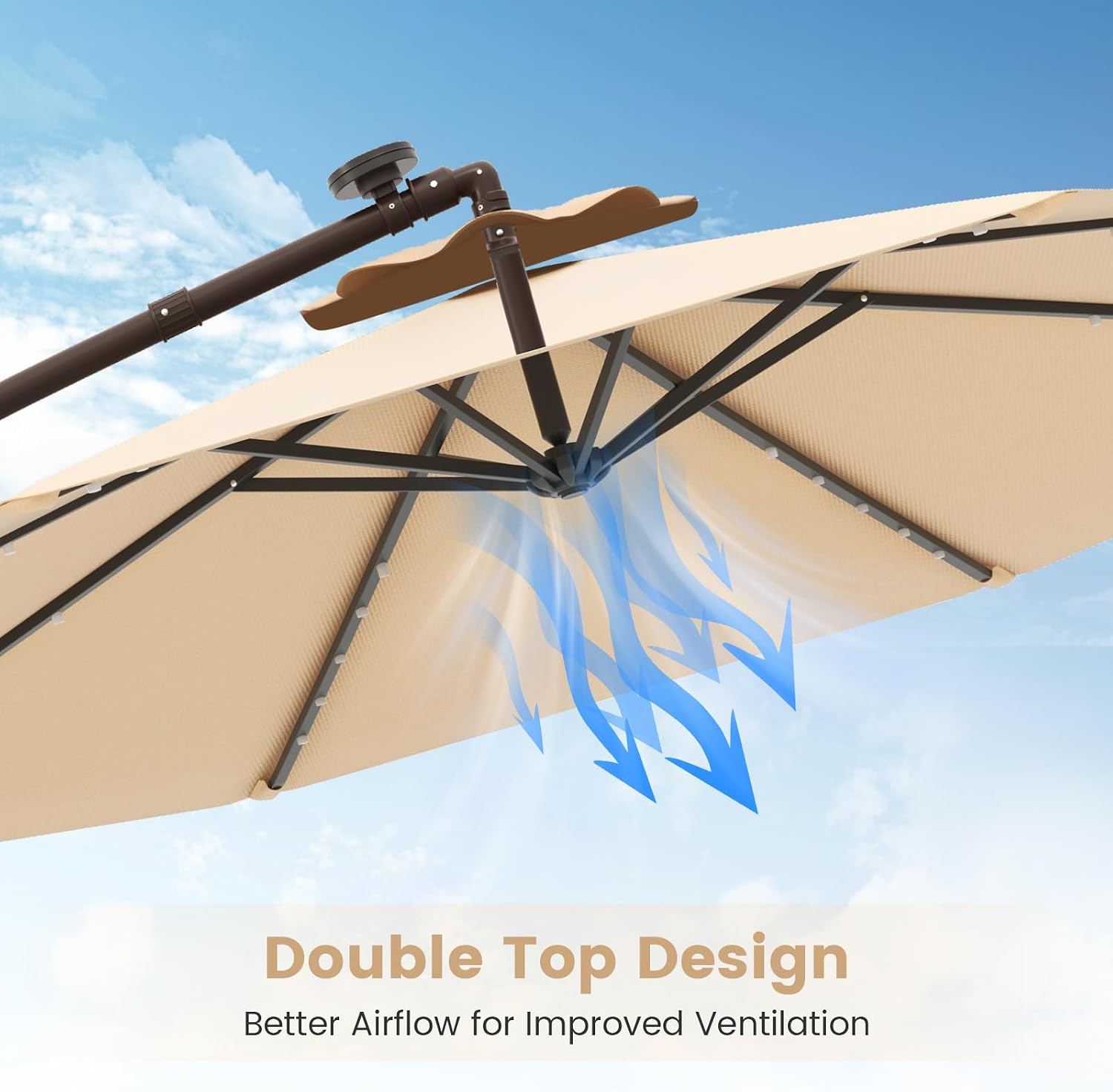 Tangkula 10FT Offset Patio Umbrella with Base Included, Outdoor Cantilever Umbrella with 40 Solar LED Lights, Tilt Adjustment, Crank Handle, Vented Top, Sand Bags for Pool Yard Deck (Beige)