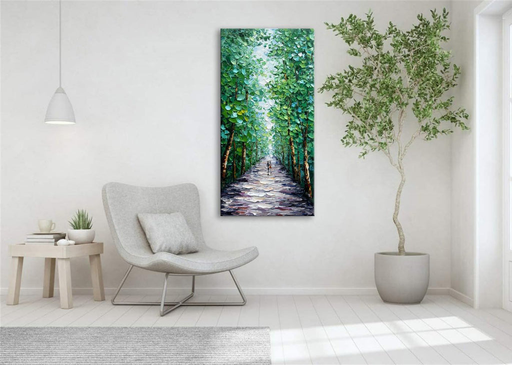 Alenoss Hand Painted Canvas Wall Art, Large Midsummer Forest Landscape Painting, Abstract Oil Painting on Canvas, 24x48 inches, Green, Vertical Wall Art for Living Room, Bedroom