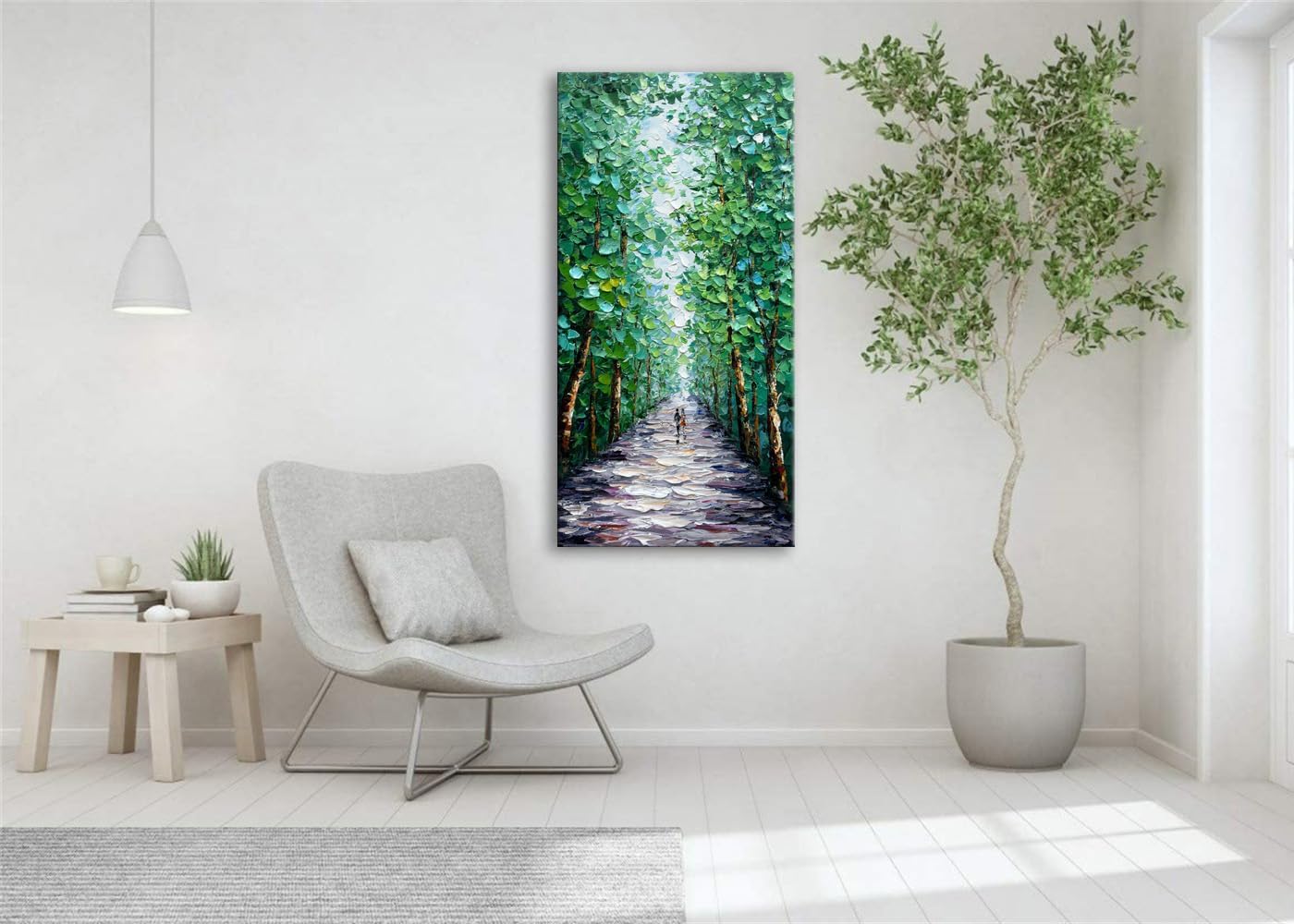 Alenoss Hand Painted Canvas Wall Art, Large Midsummer Forest Landscape Painting, Abstract Oil Painting on Canvas, 24x48 inches, Green, Vertical Wall Art for Living Room, Bedroom