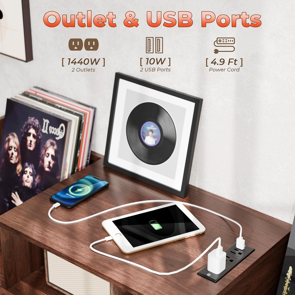 Loomie XL Record Player Stand,Turntable Stand Shelf with with Power Outlet and LED Light,Vinyl Record Storage Cabinet Up to 500 Albums, Wood Record Player Holder Table for Living Room