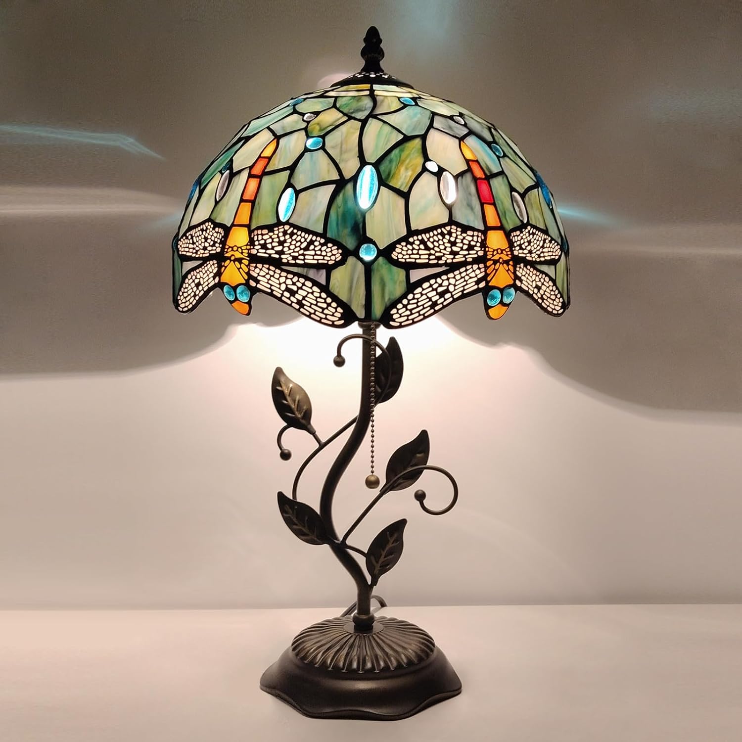 Tiffany Table Lamp, Stained Glass Style Desk Lamp, 12X12X19 Inch,Bedside Reading Light, Metal Leaf Base (Brown Dragonfly Style)