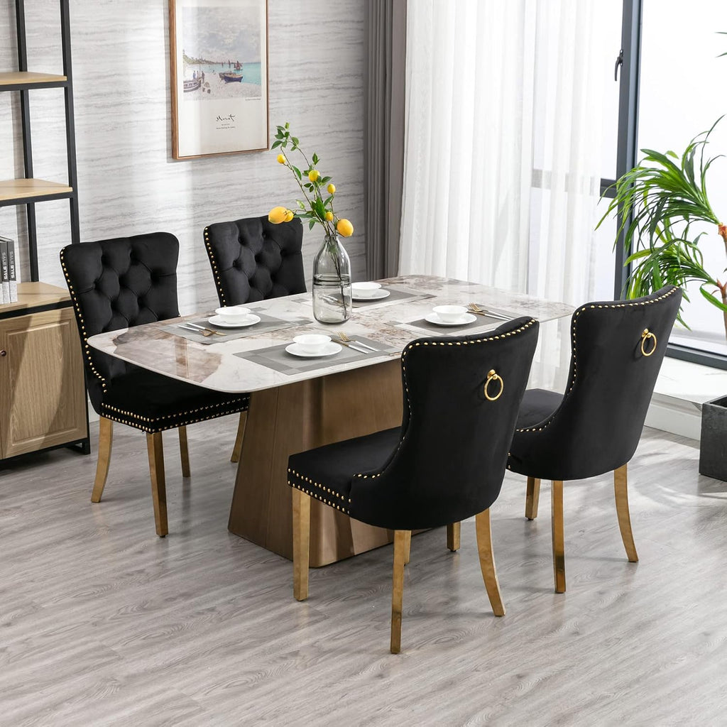 2 Piece Contemporary Velvet Upholstered Dining Chair with Chrome Stainless Steel Plating Legs, Nail Head Decro, Armless Tufted Dining Chair Fabric Dining Room Chair (Black&Gold, Set of 2)