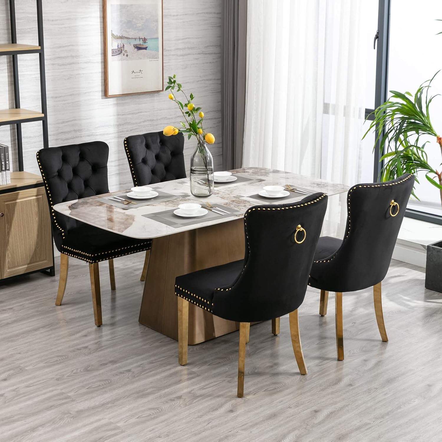2 Piece Contemporary Velvet Upholstered Dining Chair with Chrome Stainless Steel Plating Legs, Nail Head Decro, Armless Tufted Dining Chair Fabric Dining Room Chair (Black&Gold, Set of 2)