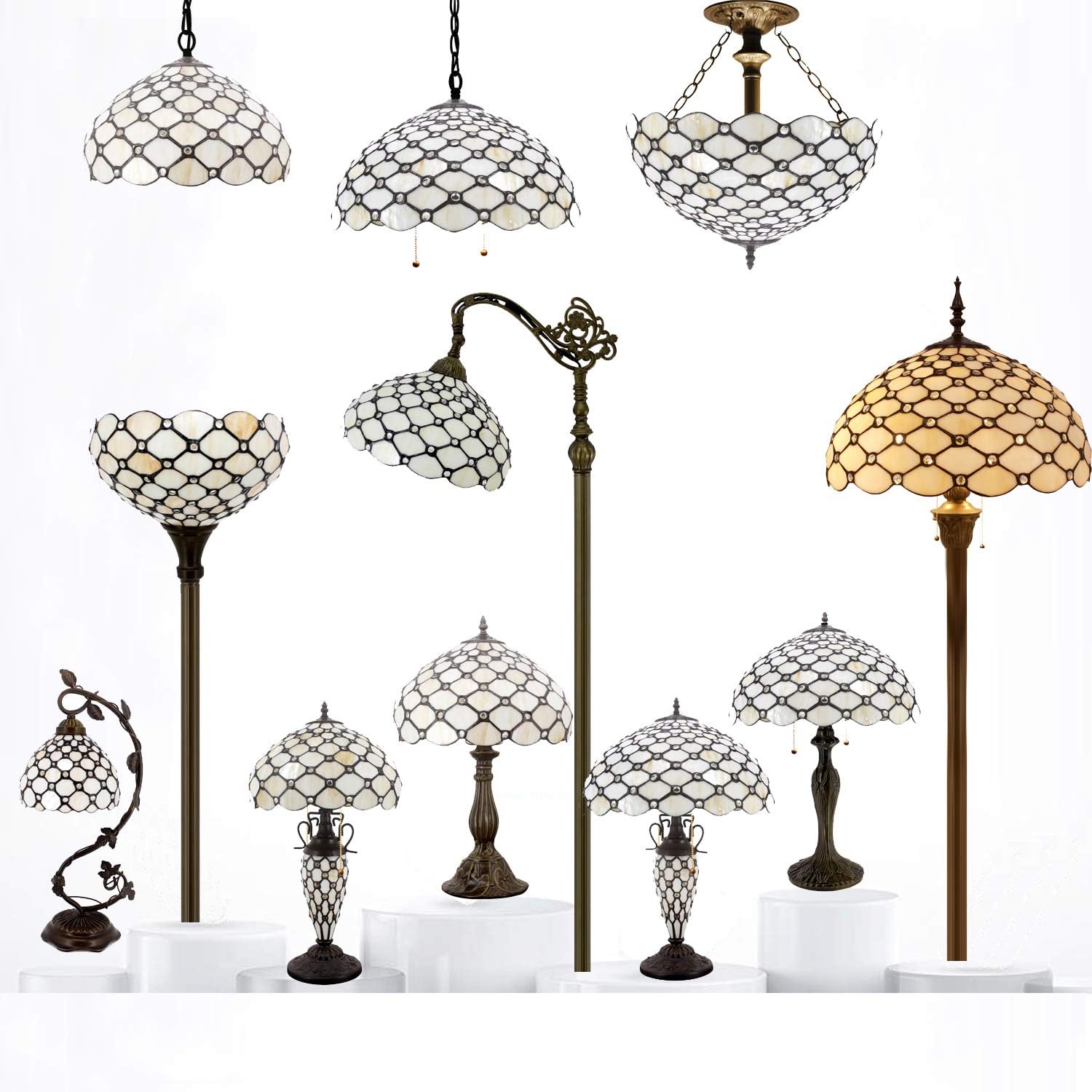 WERFACTORY Tiffany Table Lamp Stained Glass Bedside Lamp 16X16X24 Inches Cream Pearl Bead Desk Reading Light Metal Base Decor Bedroom Living Room Home Office S005 Series
