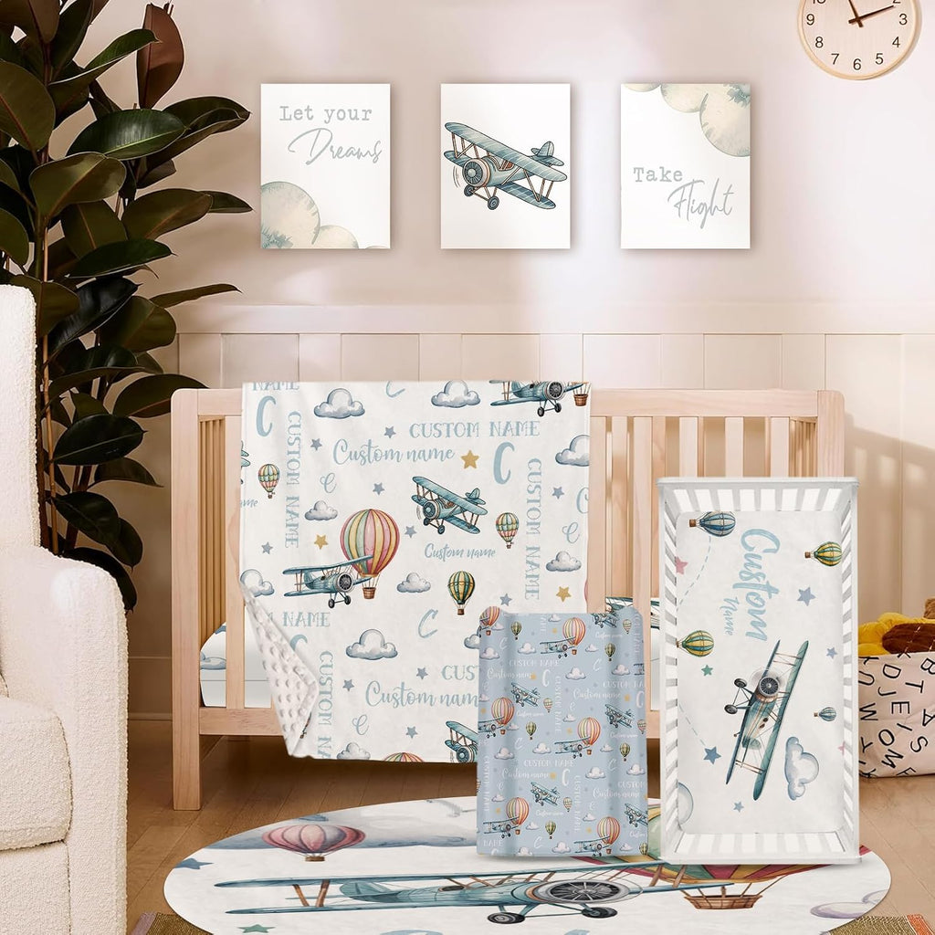 Personalized Crib Bedding Set for Baby Boys, Custom Name Baby Crib Sets 5-Pcs Include Toddler Double Layer Blanket Fitted Sheet Changing Pad Cover Rug Wall Art Set, Airplane Cloud Design Nursery Décor