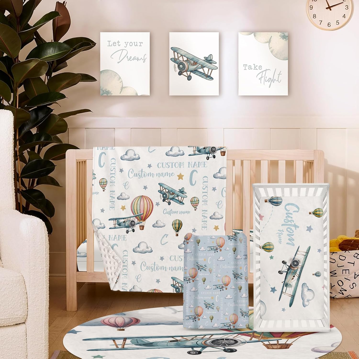 Personalized Crib Bedding Set for Baby Boys, Custom Name Baby Crib Sets 5-Pcs Include Toddler Double Layer Blanket Fitted Sheet Changing Pad Cover Rug Wall Art Set, Airplane Cloud Design Nursery Décor