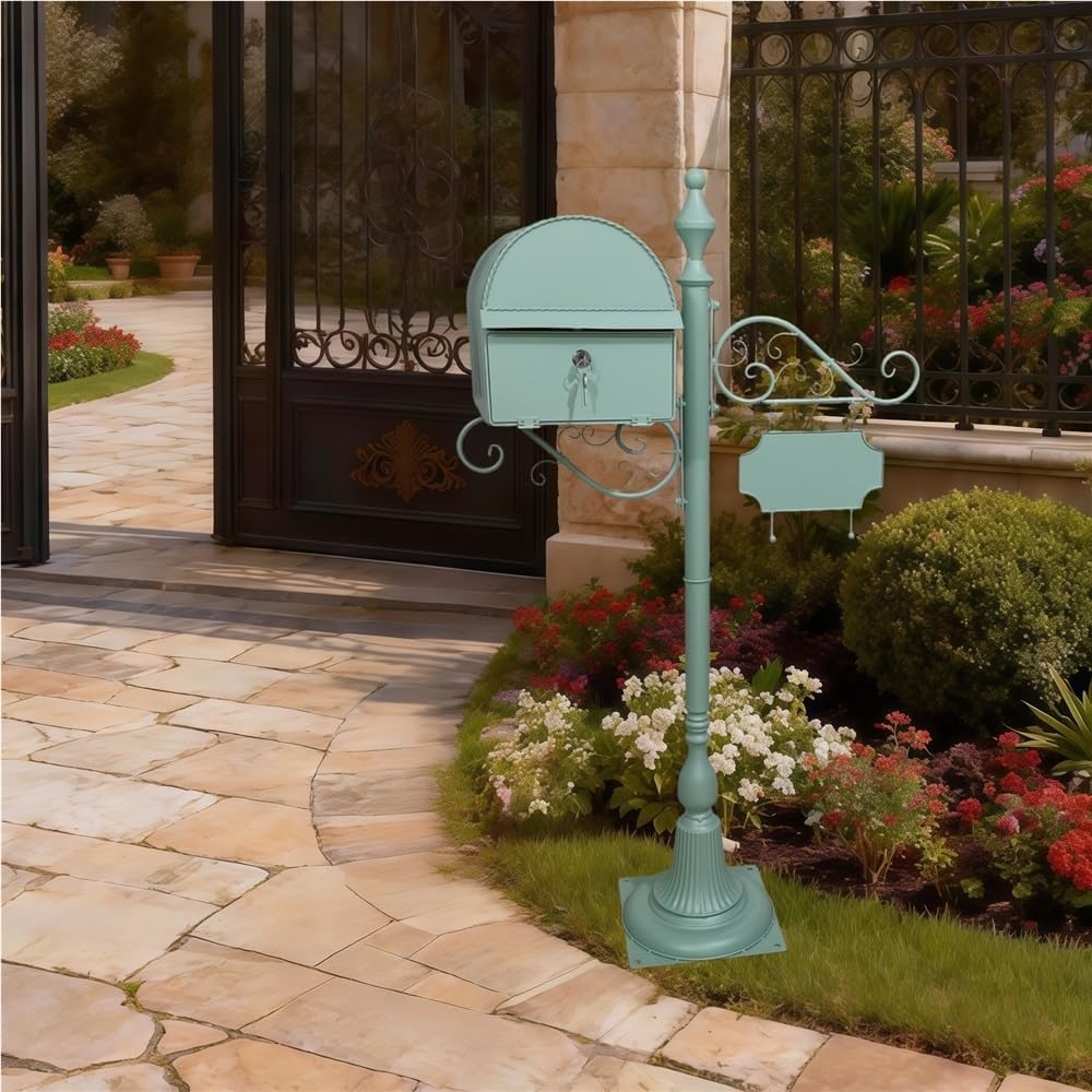 Locking Floor Standing Mailbox, Metal Letter Box with Rain Shield Send Slot, Decorative Post Mail Box for Home, Garden(Green)