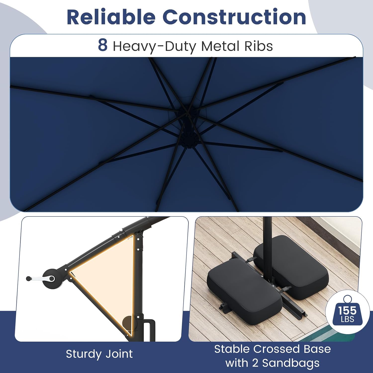 Tangkula 10 FT Solar Patio Umbrella with Base Included, Cantilever Offset Hanging Outdoor Umbrella with 96 Multi-Colored Flowing LED Lights, 9 Modes, Tilt Adjustment, 360° Rotation, Crank for Pool Yard Deck Lawn (Navy)
