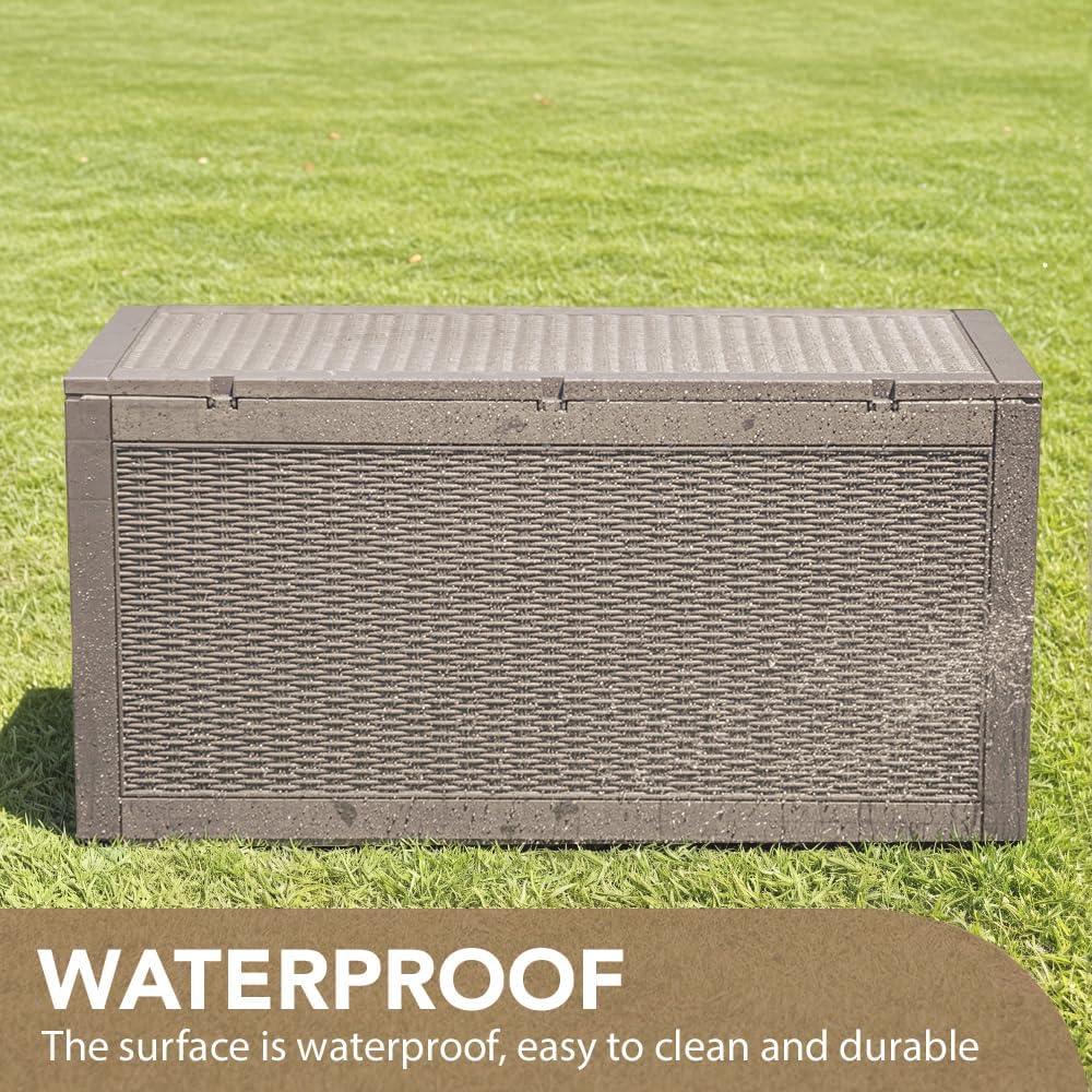 Devoko 95 Gallon Deck Box Large Resin Outdoor Storage Box, Waterproof and UV Resistant Lockable for Outdoor and Patio, Large Storage Cabinet for Patio Furniture, Tools and Pool Supplies, Light Brown