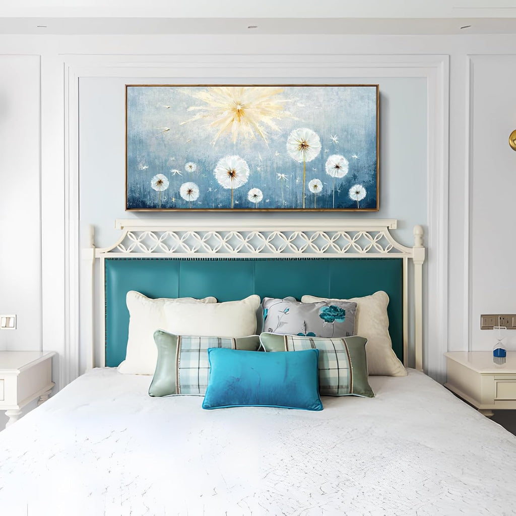 Nicetop Large Framed Inspirational Wall Pictures for Living Room Blue Floral Canvas Art Prints for Bedroom Office Nature-Inspired Dandelion Botanical Flower Artwork,Home Coastal Wall Decor 48x24 Inch