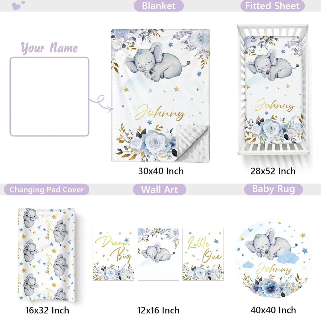 Personalized Baby Crib Bedding Set, 5 Pcs Custom Name Nursery Bedding Set for Girls Boys, Blue Elephant Baby Crib Set for Toddlers Infants, Double Layer Bedding Crib Sets Customized Gifts
