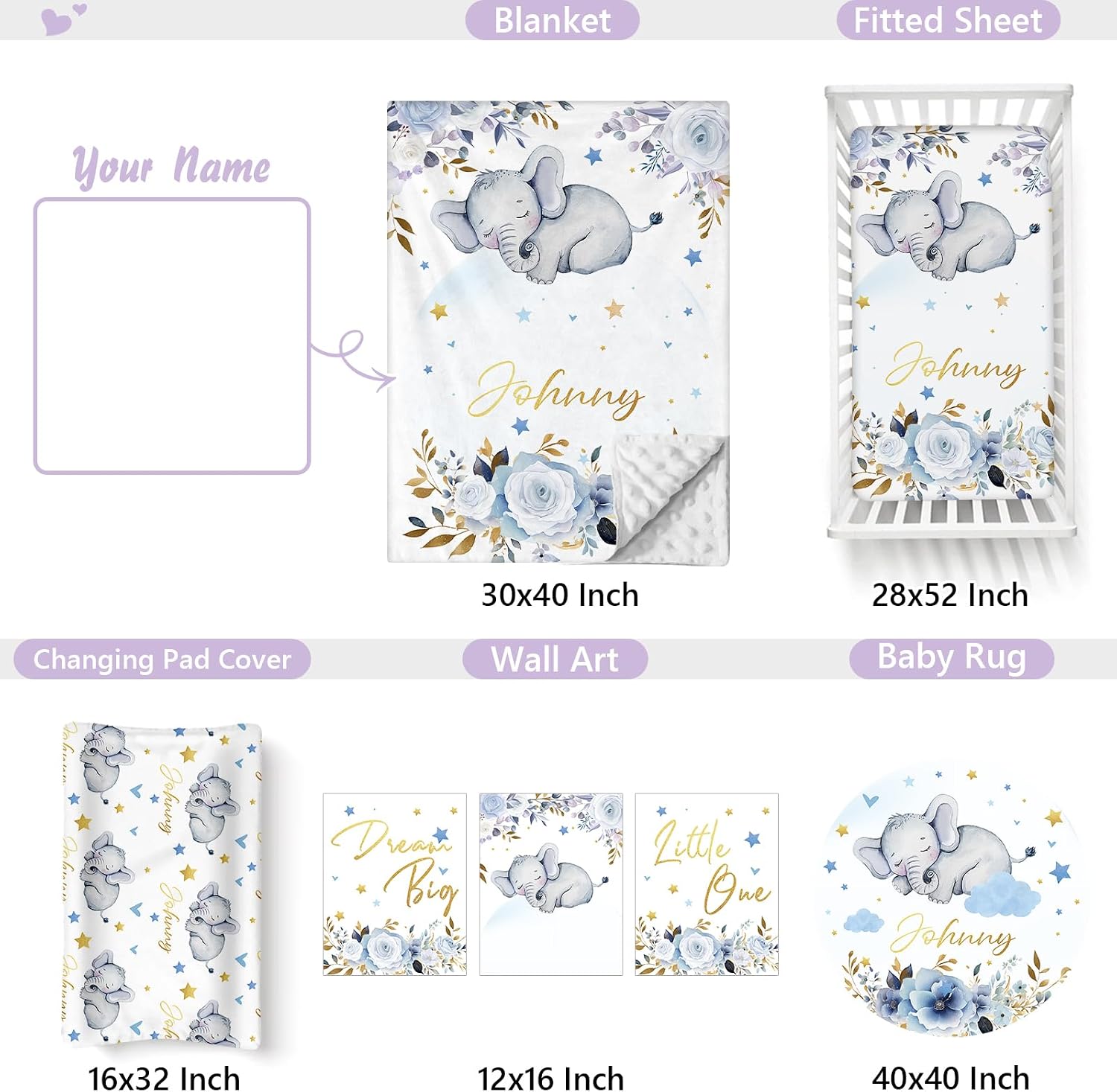 Personalized Baby Crib Bedding Set, 5 Pcs Custom Name Nursery Bedding Set for Girls Boys, Blue Elephant Baby Crib Set for Toddlers Infants, Double Layer Bedding Crib Sets Customized Gifts