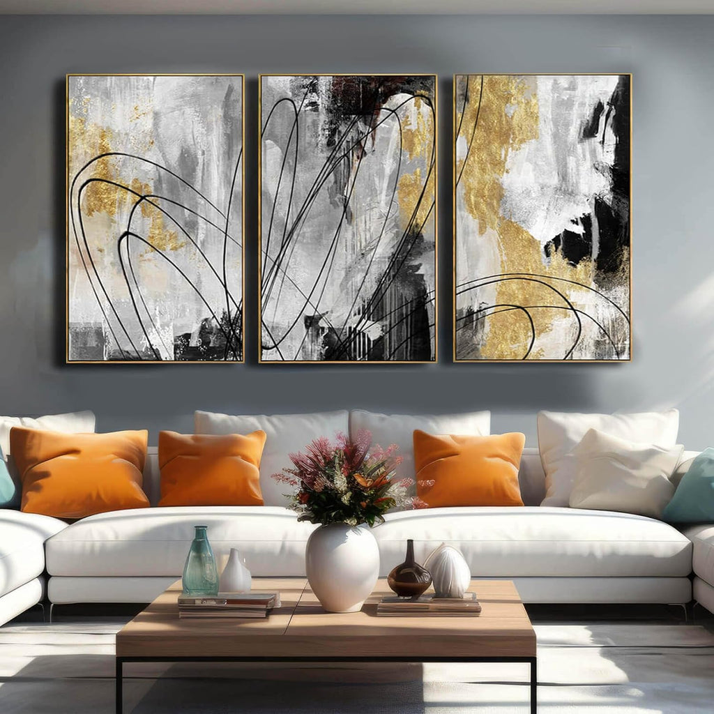 YJYart Gold Wall Art Abstract Wall Art Living Room Decor Black and White Canvas Picture Home Decor Wooden Frame Line Paintings Modern Artwork Office Decor 24'x 36'x 3 Pieces
