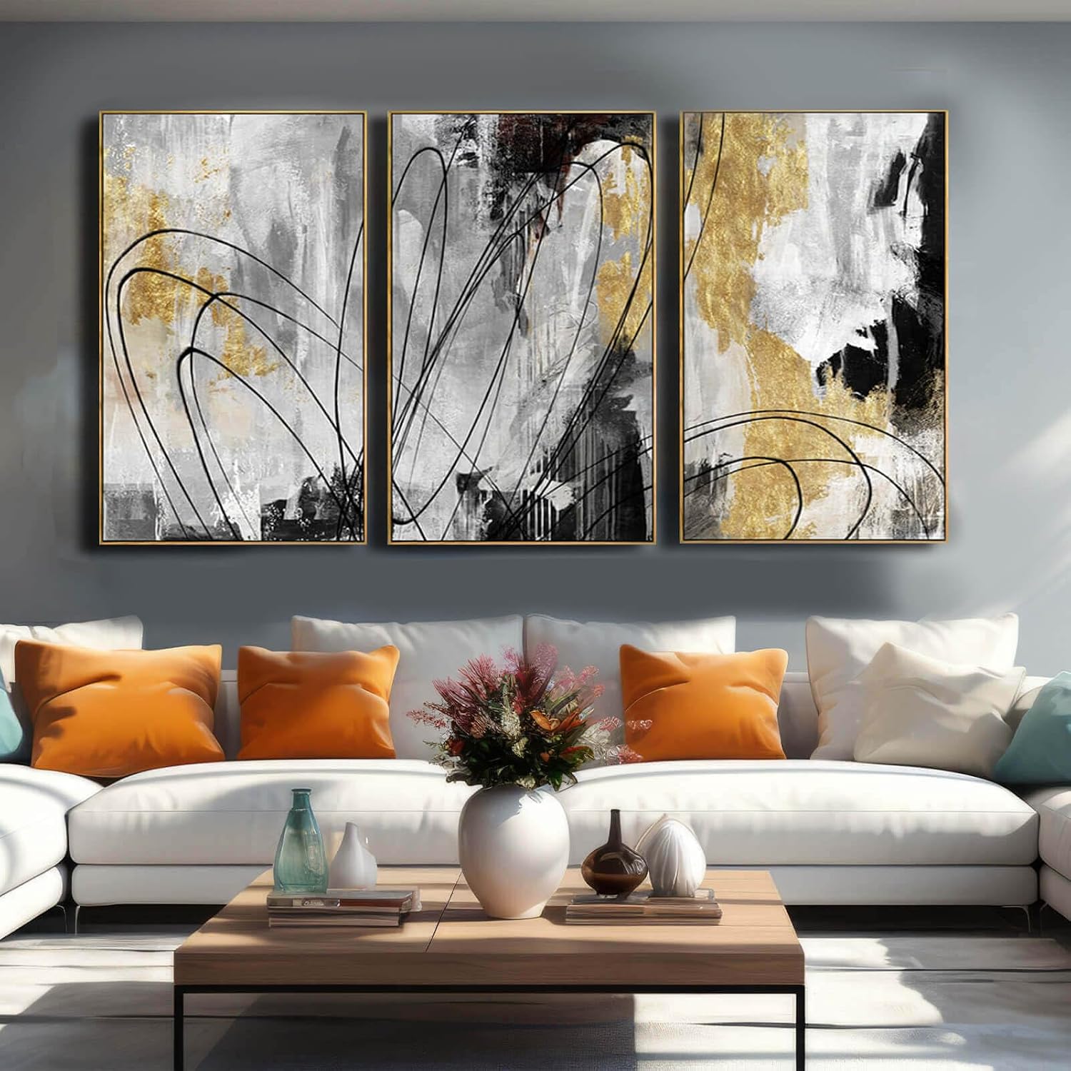 YJYart Gold Wall Art Abstract Wall Art Living Room Decor Black and White Canvas Picture Home Decor Wooden Frame Line Paintings Modern Artwork Office Decor 24'x 36'x 3 Pieces
