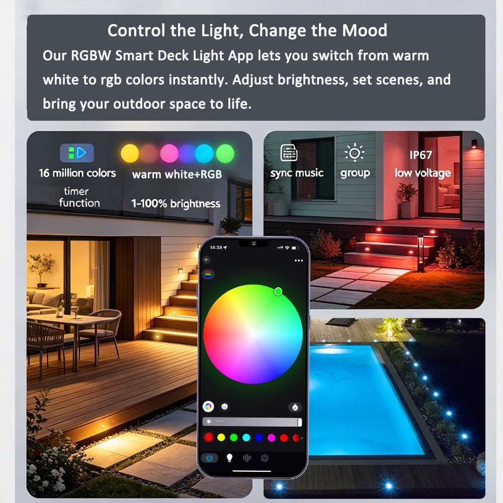 Sumaote Low Voltage LED Deck Lights, 30 Pack φ1.22 Smart WiFi RGBW Recessed Step & Stair Lighting Kit, IP67 Waterproof Outdoor for Under Deck & Walkway, Compatible with Alexa & Google Assistant
