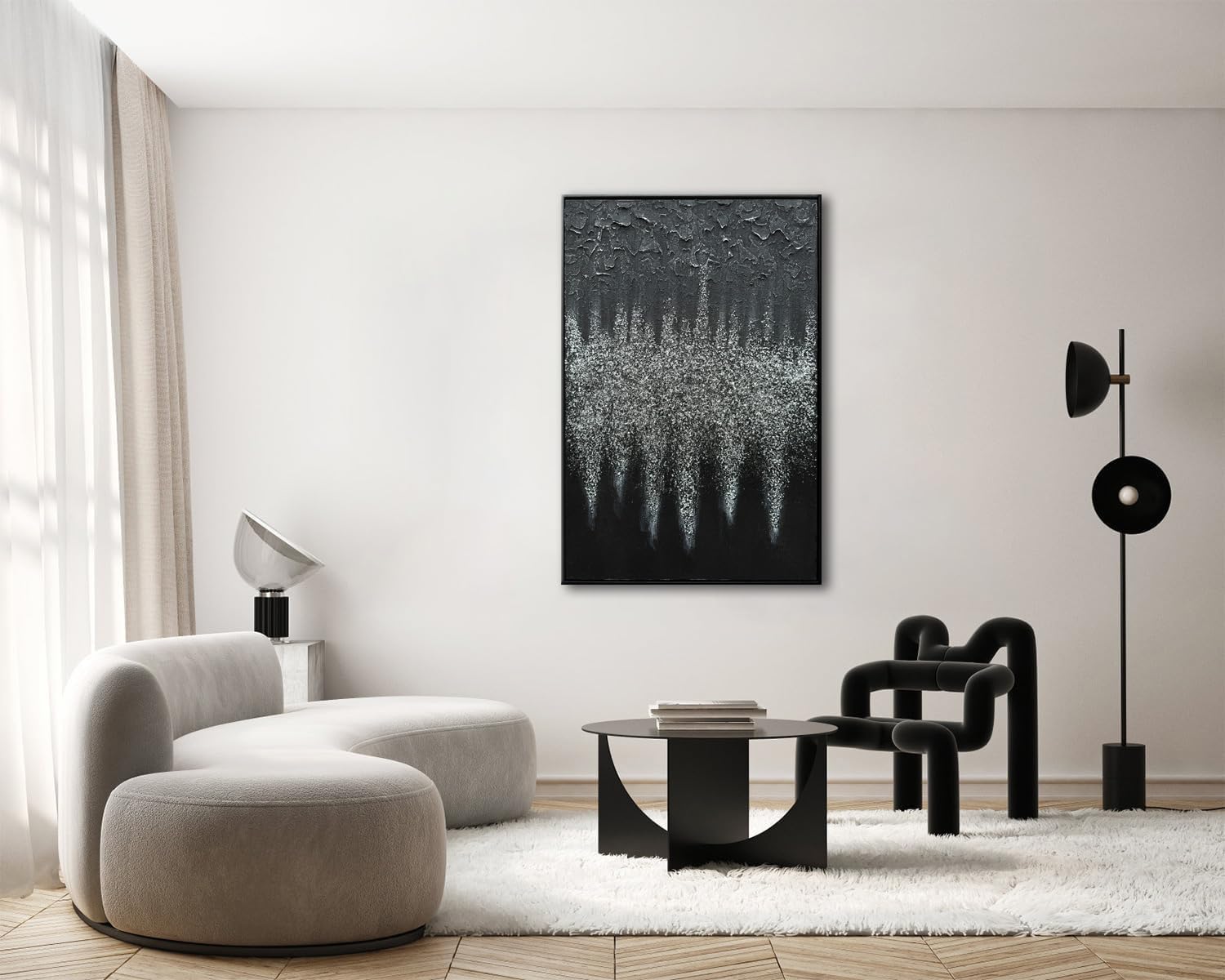 Framed Black Abstract Modern Oil Paintings, Glass Crystal Textured Wall Art, Vertical Contemporary Art, Glittery Crystal Artwork