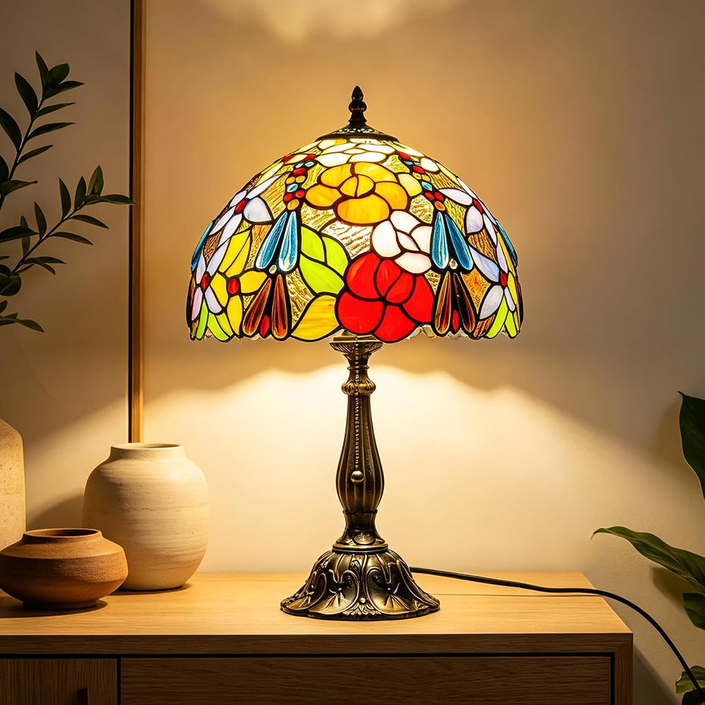Tiffany Style Stained Glass Table Lamp, Floral Flower Desk Light with Antique Bronze Resin Base, Colorful Decorative Lighting for Bedroom, Living Room, Office 12X12X19 Inch (Flower Floral)