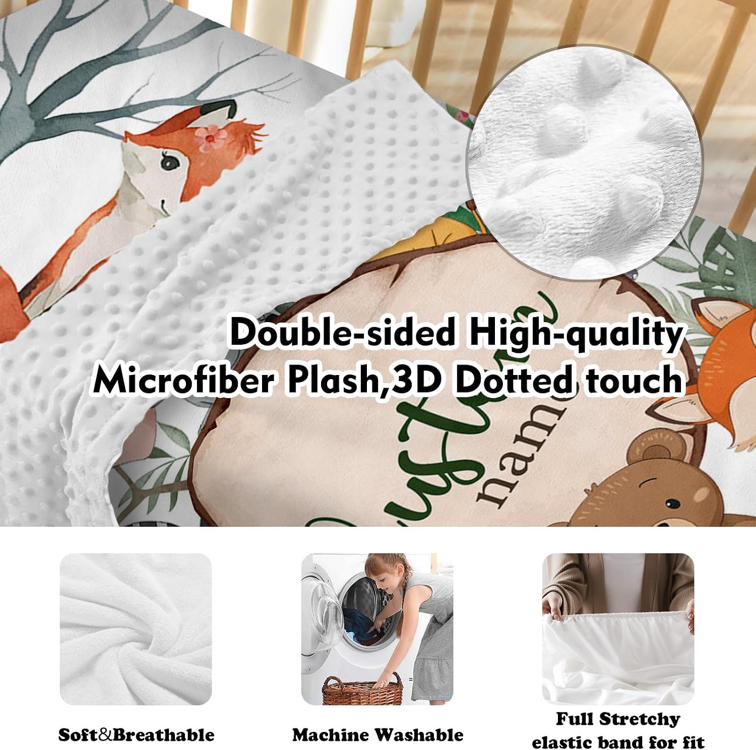 TOOTANN Custom Baby Crib Bedding Set, 5 Pcs Personalized Name Baby Crib Sheets for Kid Toddler Infant, Forest Animals and Tree Stumps Nursery Bedding Set