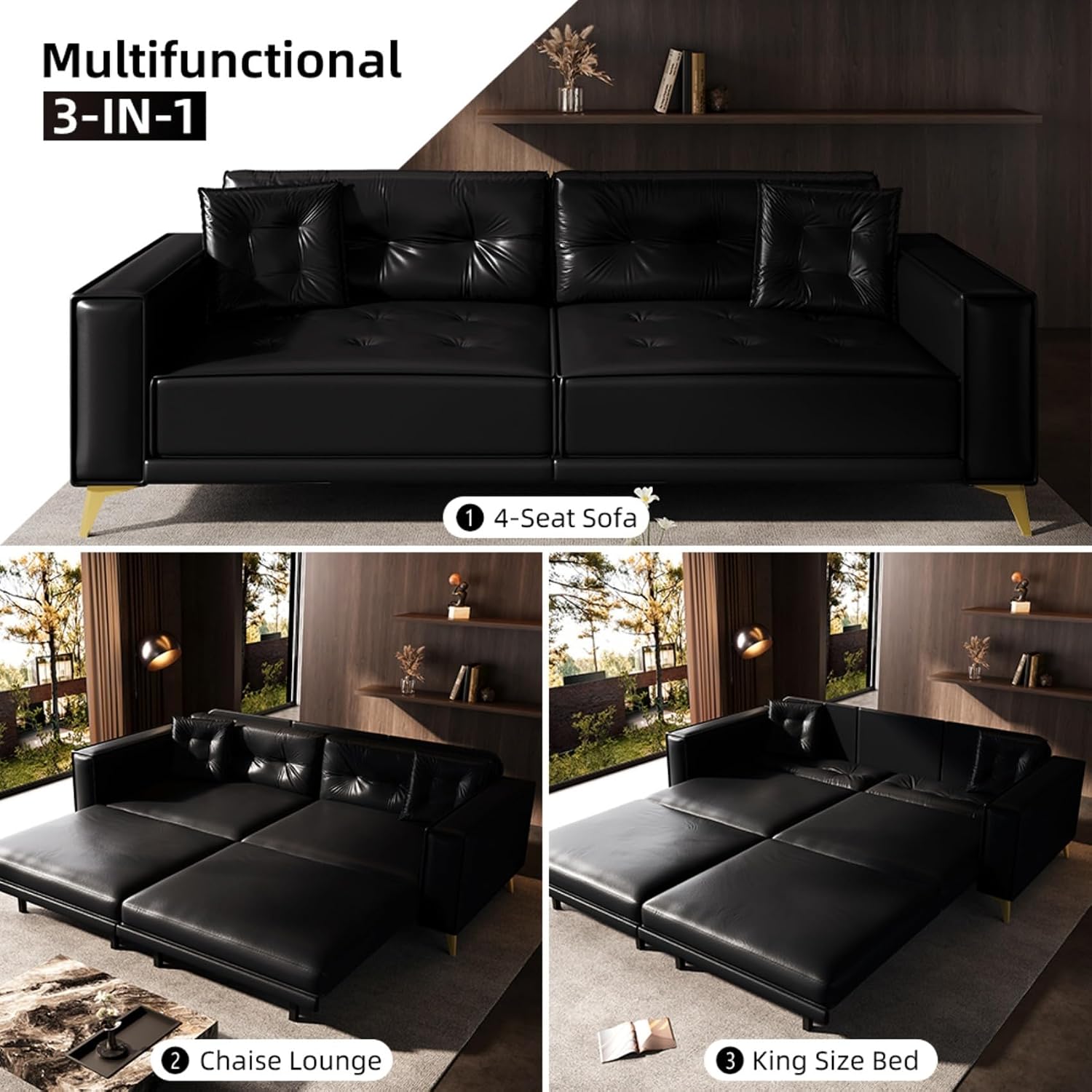 92.1' Chesterfield 3 Seater Pull Out Sofa Bed King Size with 2 Pillows and Golden Legs, PU Leather 3-in-1 Convertible Sleeper Cloud Couch with Tufted Backrest, Black