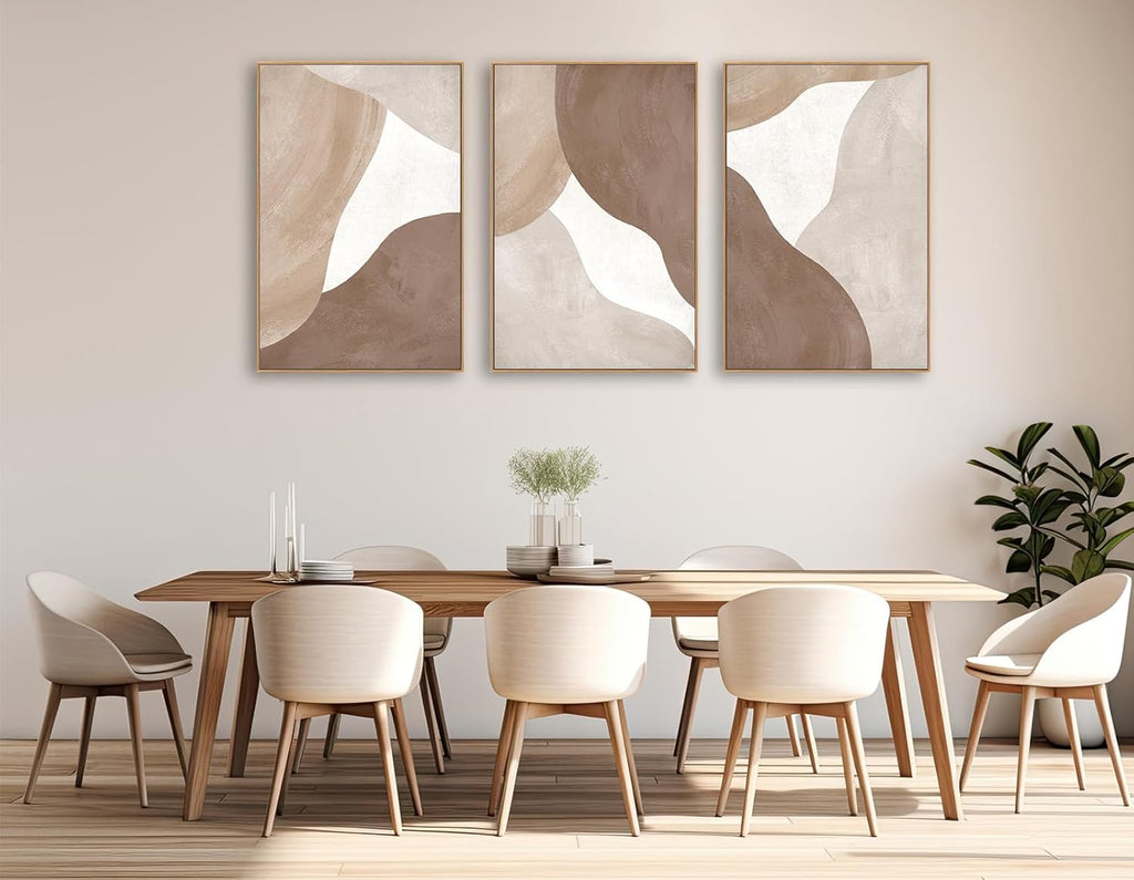 Minimalist Abstract Boho Wall Art - Natural Framed Abstract Canvas Picture Canyon Painting Cliff Artwork Modern Geometric Canvas Prints for Home Office Wall Decor 32' x 48' * 3 Tan Brown Beige