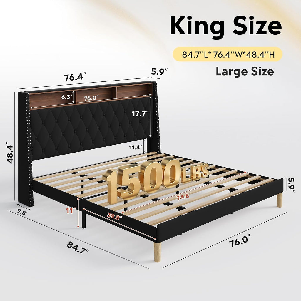 WLIVE King Size Upholstered Bed Frame with 48'' Tall Wingback Headboard, Velvet Square Tufted Platform Beds with Charging Station, Sturdy Metal & Wooden Slats Support, Black
